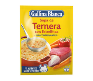 Sopa Gallina Blanca ternera/estrellas 74 g. Sopa Gallina Blanca ternera/estrellas 74 g.