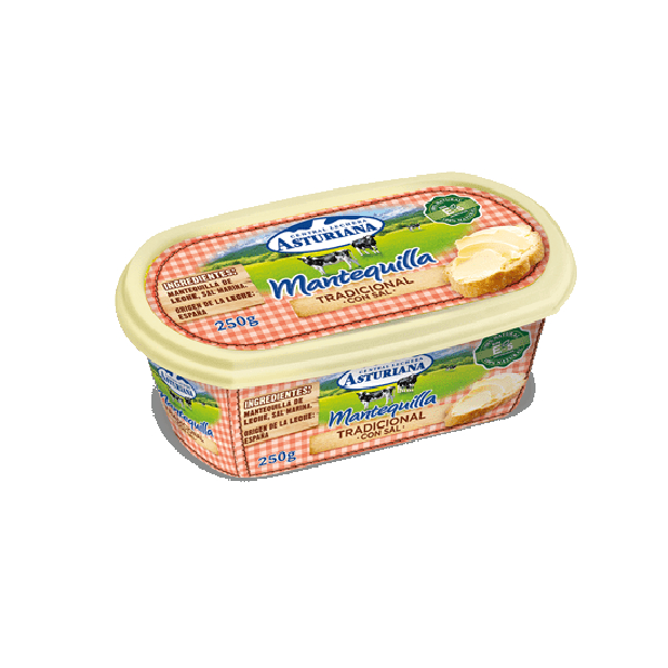 Mantequilla tradicional con sal Asturiana barqueta 250 g.