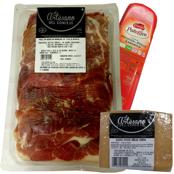 Lote : 1 Kg. paleta bodega loncheada A. del Concejo + 1 cuña queso oveja curado A. del Concejo de 250 g. + 250 g. Fiambre pechuga pollo Campofrio Lote : 1 Kg. paleta bodega loncheada A. del Concejo + 1 cuña queso oveja curado A. del Concejo de 250 g. + 250 g. Fiambre pechuga pollo Campofrio